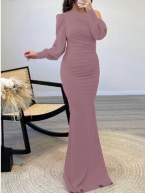 One-Shoulder Ruched Maxi Dress in Dusty Rose